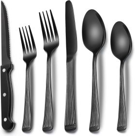 24-Piece Black Silverware Set with Steak Knives, Black Flatware Set for 4, Food-Grade Stainless Steel Tableware Cutlery Set