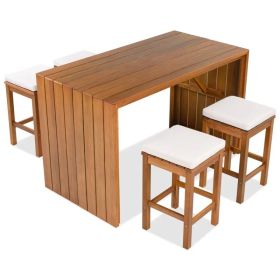 5 Piece Outdoor Bar Set, Patio Acacia Wood Bar Height Table & Four Stools With Cushions, Wood Dining Bar Set For Backyard, Poolside, Balcony, Bei (Option: defaulttitle)
